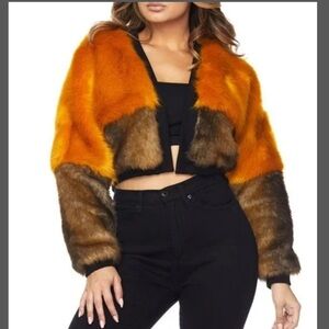 Hera Collection Celebrity Fashion Orange & Brown Faux Fox Fur Jacket size Large